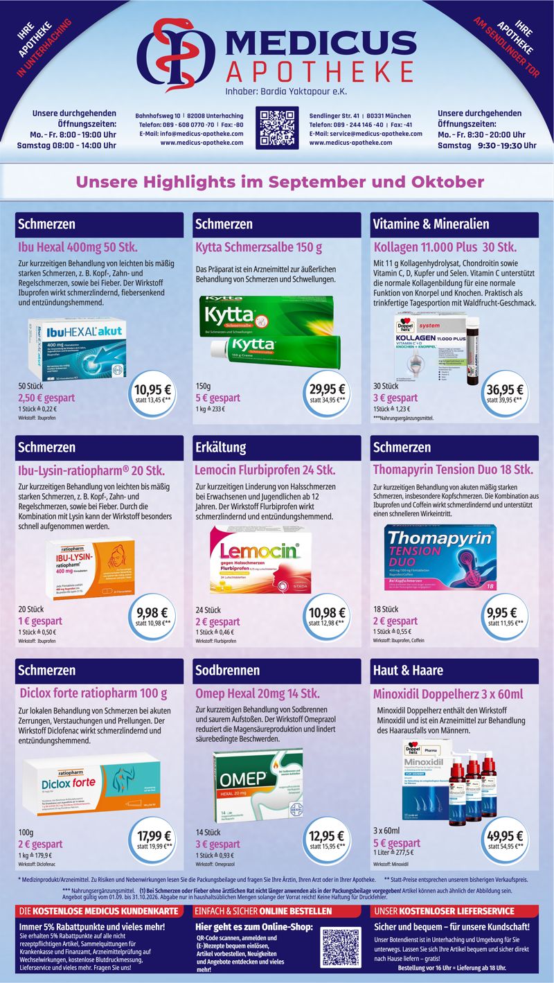 Monatlicher Angebotsflyer der Apotheke mit Informationen zu Öffnungszeiten, Leistungen, Aktionen und wechselnden Produktangeboten aus Bereichen wie Gesundheit, Pflege und Selbstmedikation.